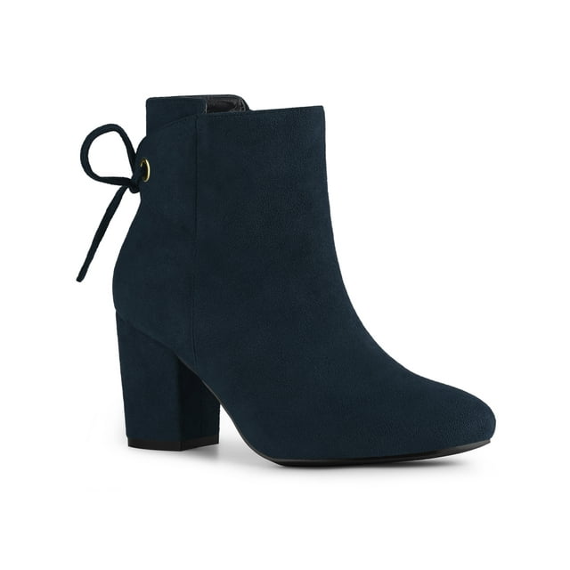 Unique Bargains Bottines à Talons Épais à Bout Rond pour Femmes Bleu Marine (Taille 5,5)