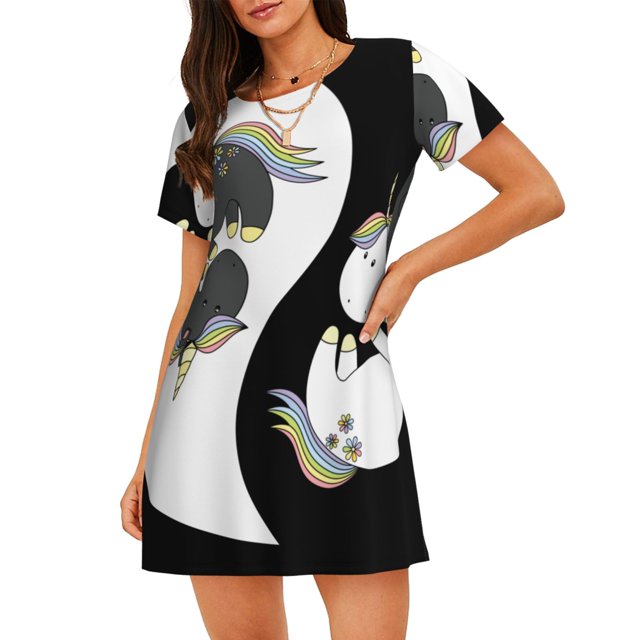 Disketp Unicorn in Yoga para Camisón Corto de Manga Corta para Mujeres, Camisón Cómodo con Escote Redondo, Bonito y Confortable