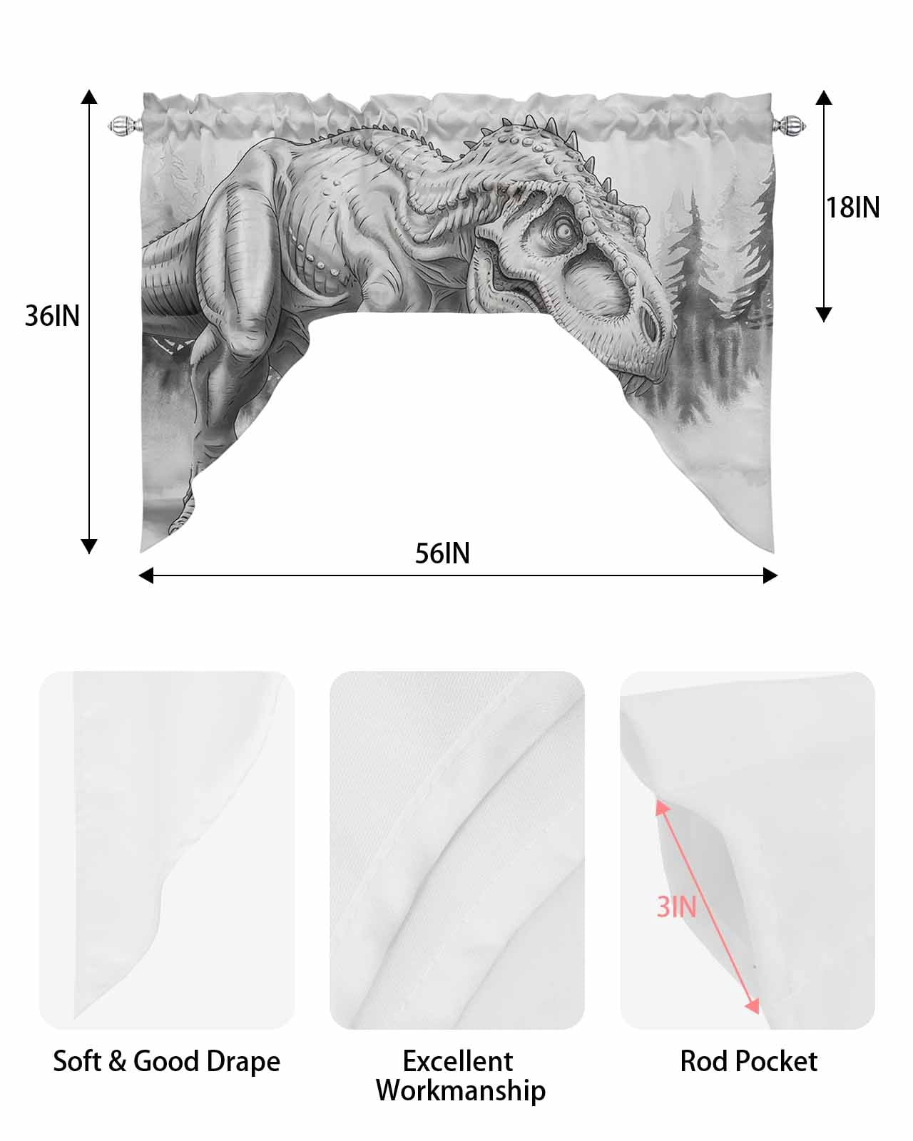 Dinosaurs Boy Swag Curtains for Kitchen Gray Funny Cartoon Forest Animals Valances for Windows Rod Pocket Small Window Treatment Short Topper for Cafe Bedroom Bathroom Living Room Decor 56x36 Inch