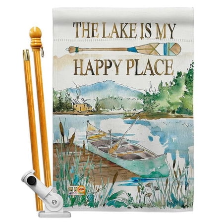 UPC: 0797277957099 | Breeze Decor BD-OU-HS-109070-IP-BO-D-US18-WA 28 x 40 in. Lake is Happy Place Nature Outdoor Impressions Decorative Vertical Double Sided House Flag Set & Pole Bracket Hardware