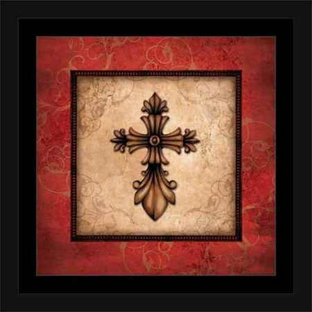 Red Scroll - Traditional Ornate Cross Scroll Border Distressed Religious Painting Red & Tan, Framed Canvas Art by Pied Piper Creative