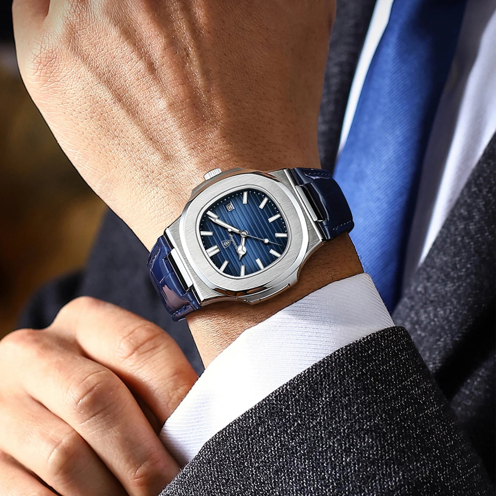 POEDAGAR New Luxury Quartz Watch for Men Leather belt Sports Waterproof Luminous Date Fashion Square Men's Watches
