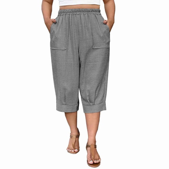 Stamzod Casual Capris for Women Summer Straight Leg Capri Pants Loose Cropped Beach Pants with Pockets Gray XXL