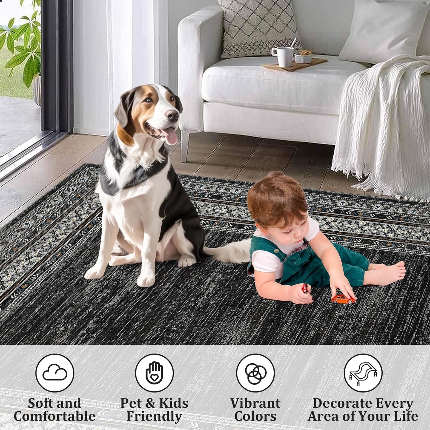 Memoryfield 9'x12' Area Rug, Modern Bordered Washable Rugs Soft Foldable Accent Rugs for Indoor Living Room Bedroom, Black
