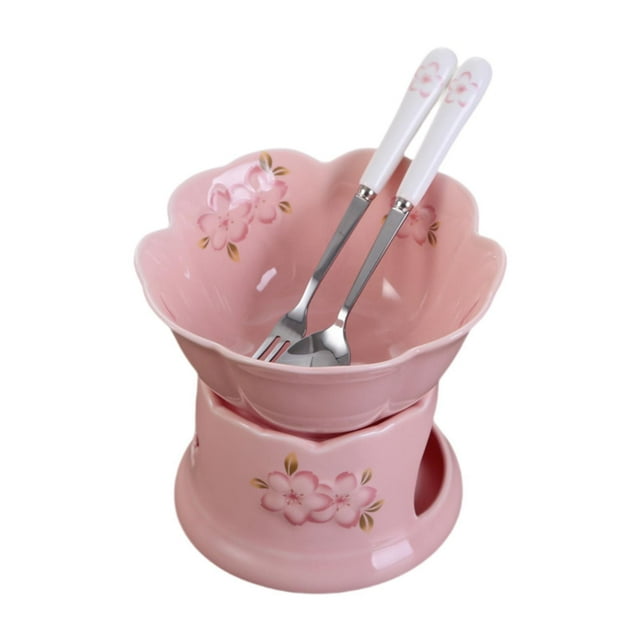 Olla para fondue Olla para fondue de queso con tenedor y cuchara Juego de cuencos para olla caliente derretida Juego para fondue Cuenco rosa