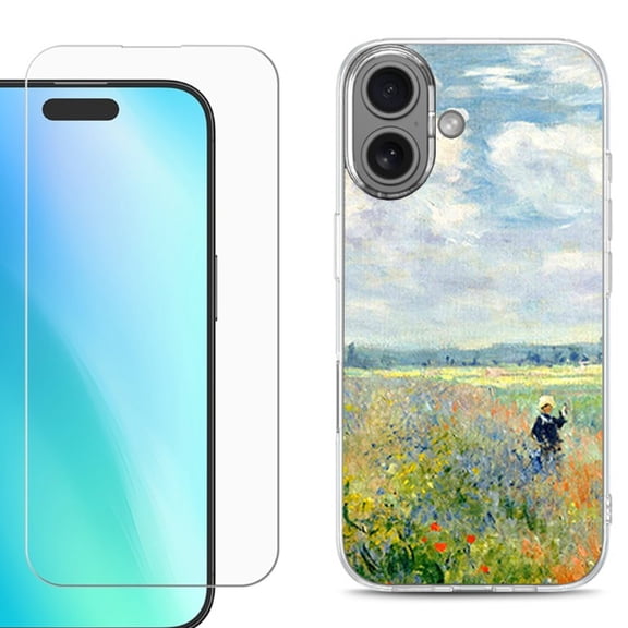 For iPhone 16 Phone Case Cover, Shockproof Case with Tempered Glass Screen Protector, by OneToughShield - Poppy Field