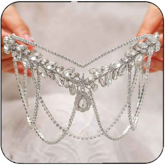 Silver Crystal Bridal Wedding Headband Rhinstone Bride Hair Piece Sparkly Head Chain Hair Accessories for Women and Girls