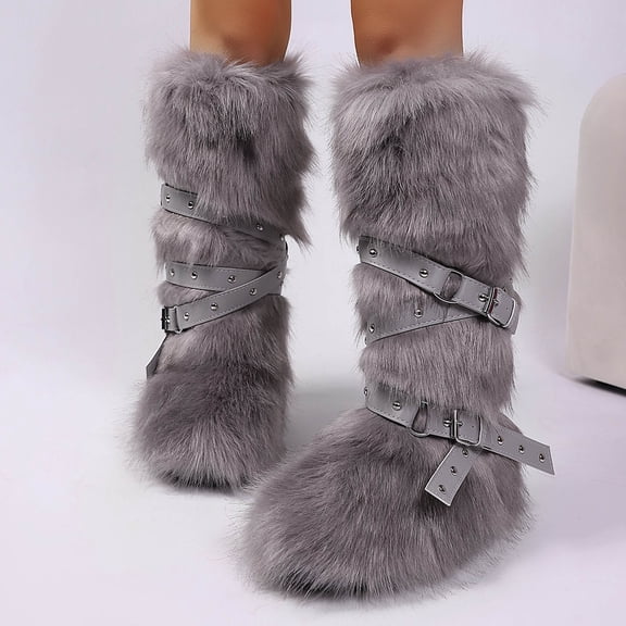 Cadancy Furry Boots for Women y2k Knee High Fluffy Plush Round Toe Trendy Winter Snow Booties with Belt Buckle Stylish Streetwear Shoes Comfy Flat Warm Boot
