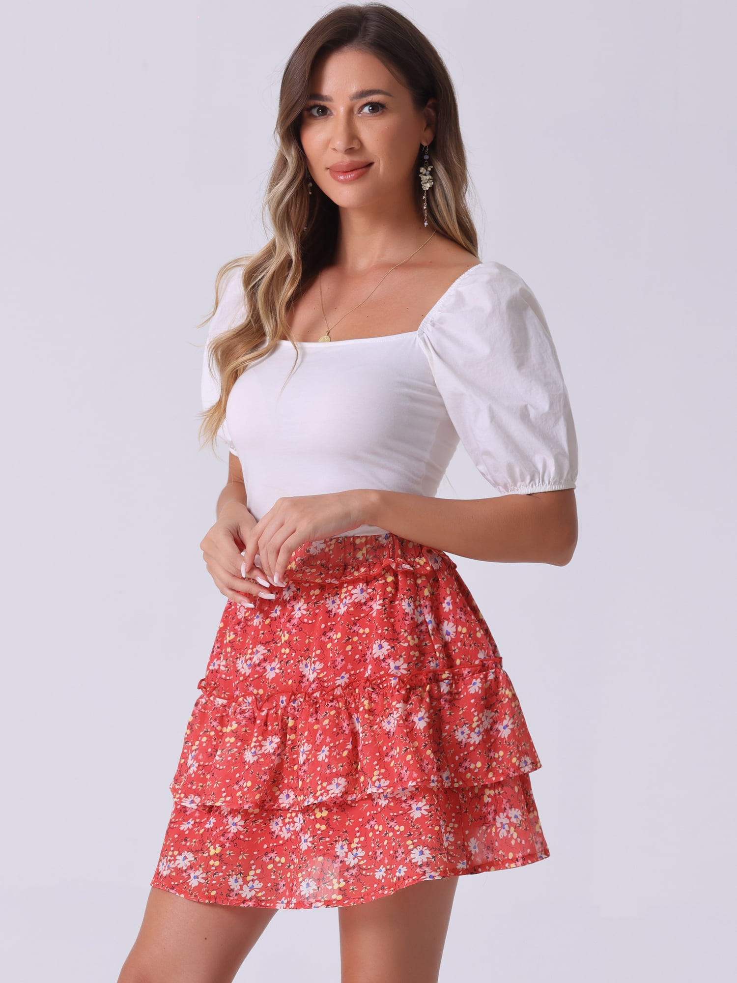 DARING DIVA Women's Elastic Waist A-Line Layered Ruffle Floral Mini Skirt S Red
