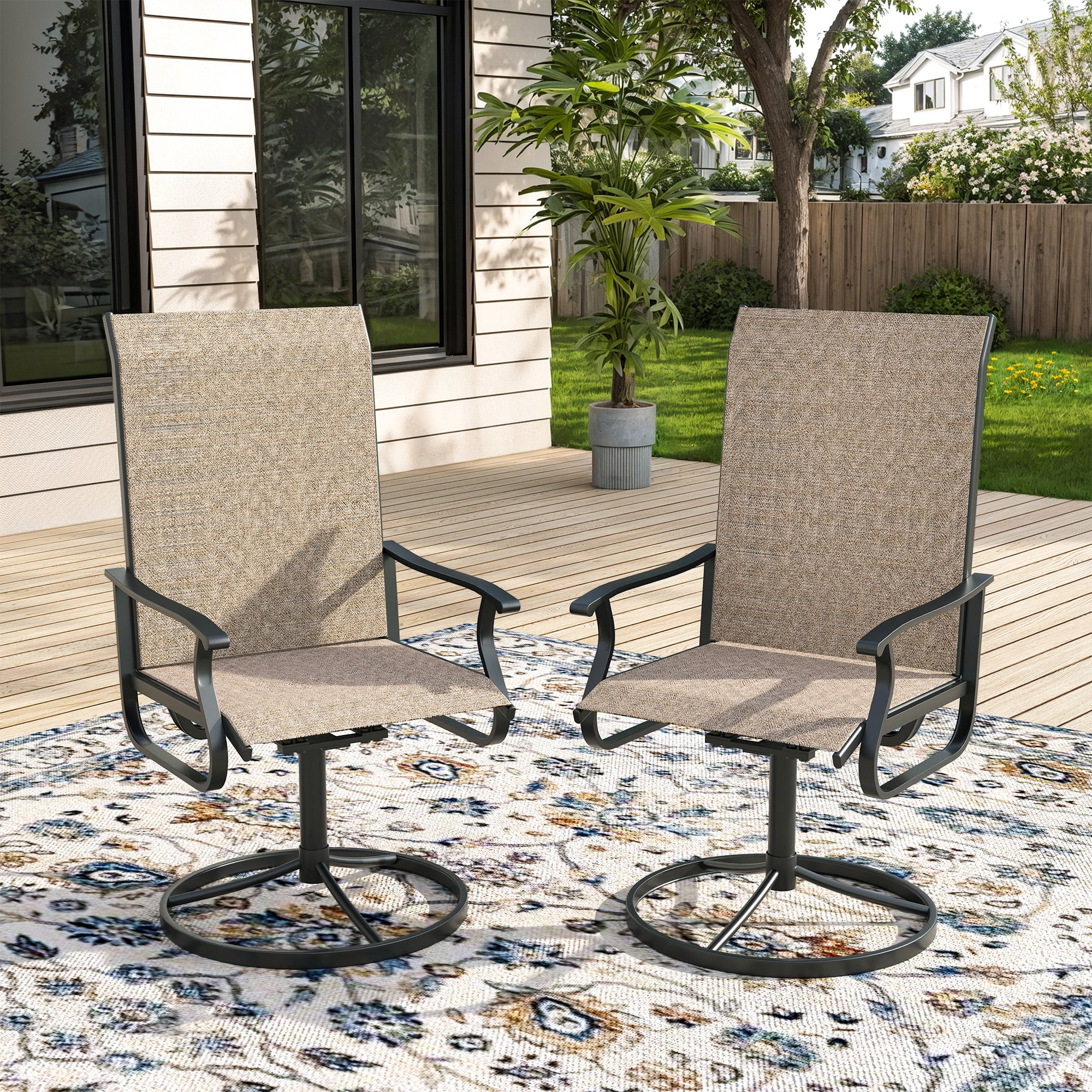 ELPOSUN Patio Swivel Chairs Set of 2, Outdoor Dining Chairs High Back All Weather Breathable Textilene Outdoor Swivel Chairs with Metal Rocking Frame for Lawn Garden Backyard Deck, Khaki
