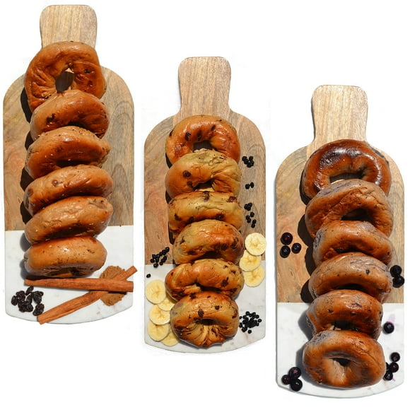 Fresh MTL Bagel: Multi-pack Sweet (Cinnamon Raisin, Banana Chocolate Chip, Blueberry), Baked in a traditional wood-burning oven in Montreal, case of 6 (6 packages of 6 bagels)