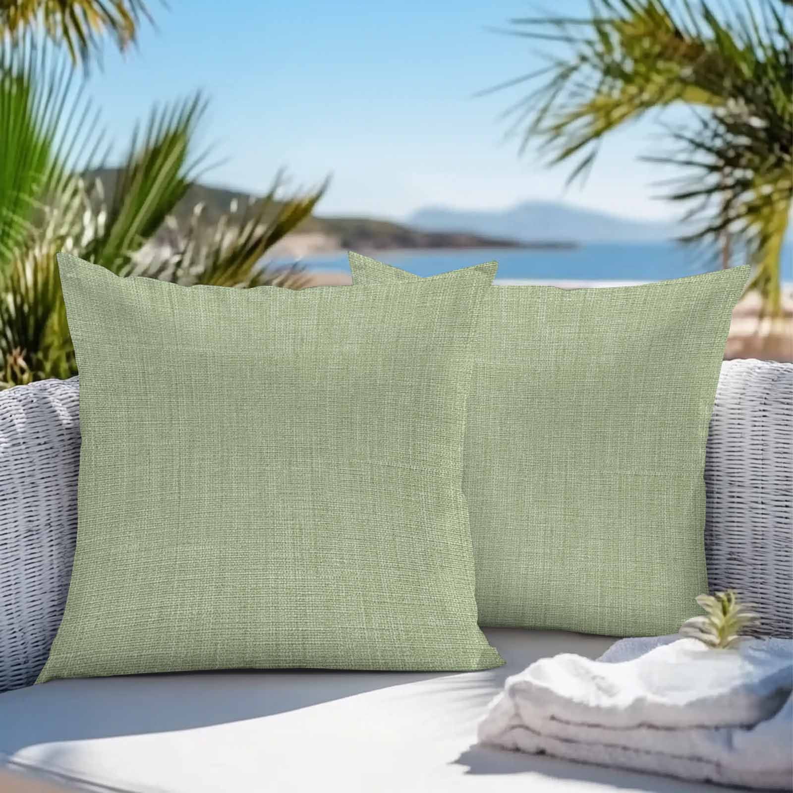 Outdoor Waterproof Throw Pillow Covers Set of 2 Sage Green Linen Texture Decorative Pillowcases Square Outdoor Pillows Cushion Case 16x16 Inch Farmhouse Solid Color Patio Pillows for Couch Sofa Bed