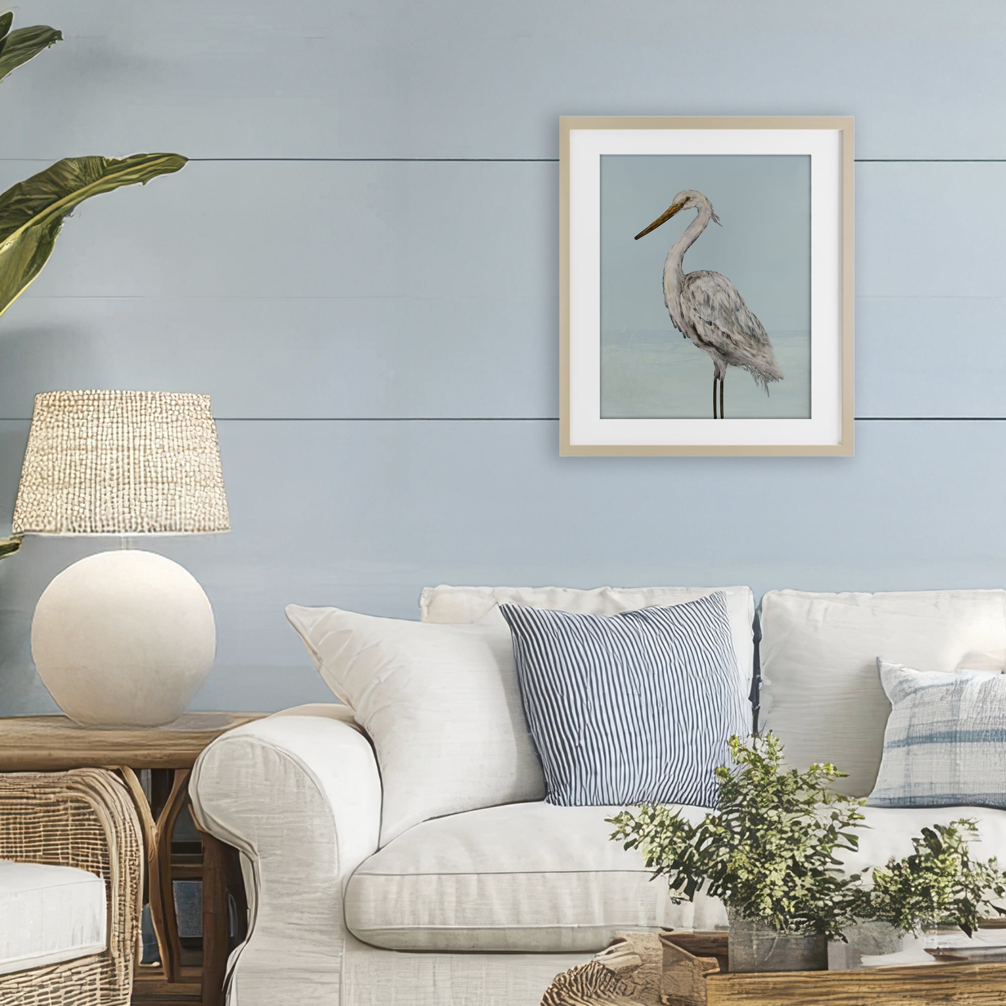 Stupell Industries Coastal Heron Muted Blue Birch Framed Print Under Glass, design by Julie DeRice