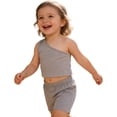 thumbnail image 4 of Huowey Girls Baby Summer Outfits Solid Color Sleeveless One Shoulder Crop Top Shirt And Elastic Waist Wide Leg Shorts Stylish Breathable Soft Cozy Dailywear Sets,Grey,3-4 Years, 4 of 4