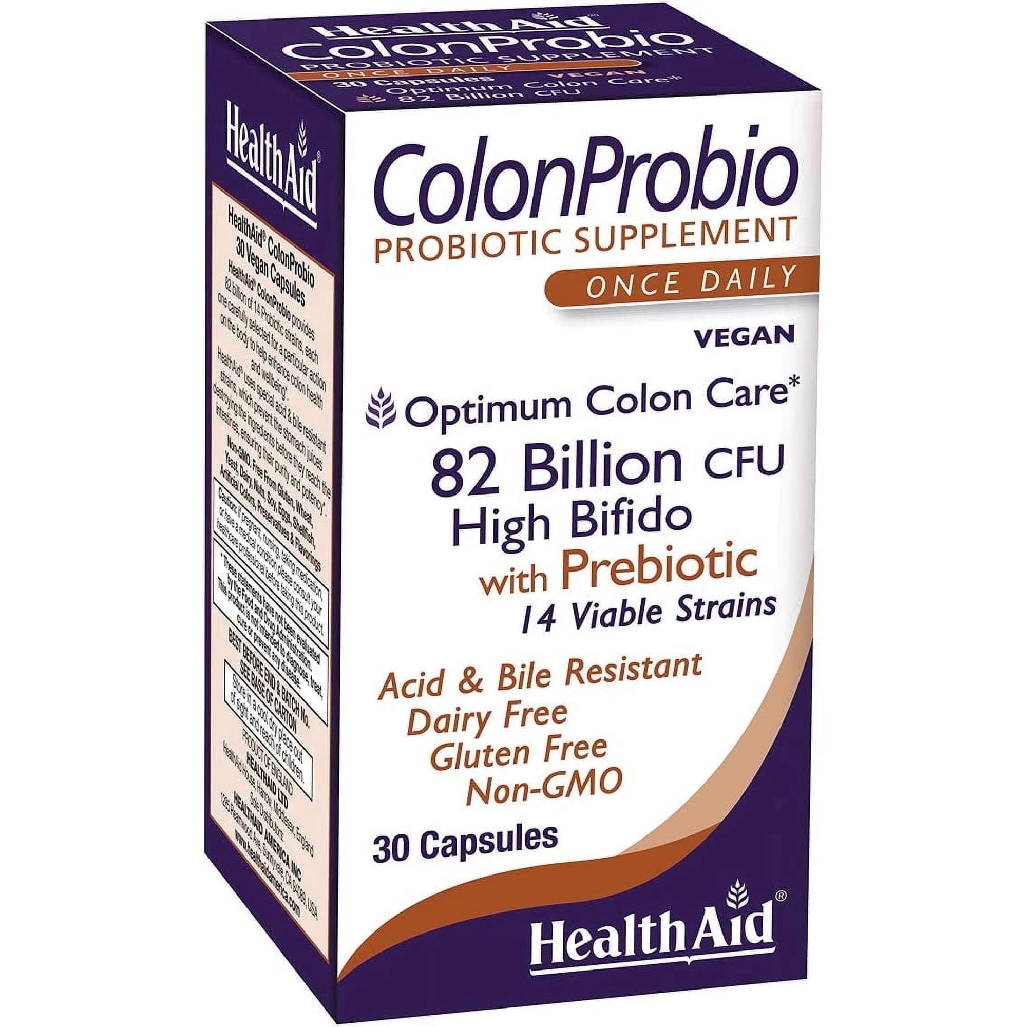 HealthAid ColonProbio – 82 Billion CFU Probiotic with Prebiotic, High Bifido Formula, 14 Strains, Once Daily, 30 Capsules*