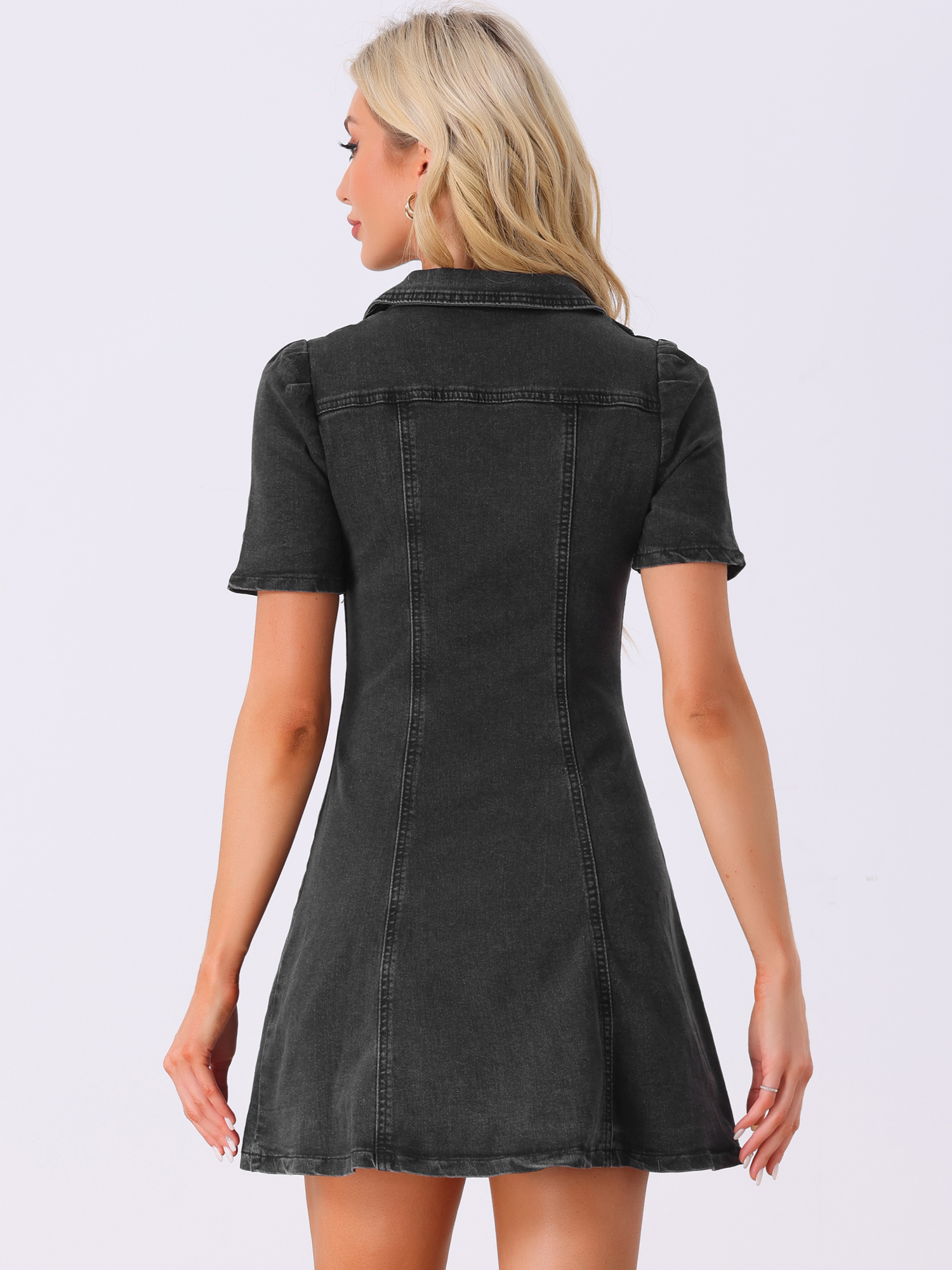 DARING DIVA Women's Turn down Collar Vertical Pocket Denim Dress L Black Gray