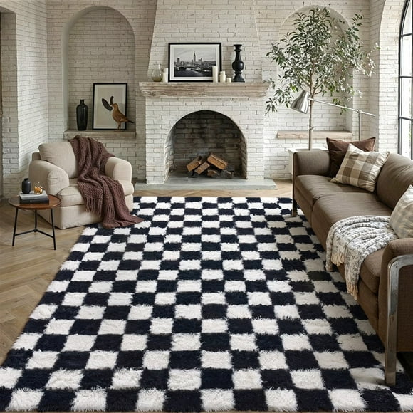 BERTHMEER 8'x10' Shag Area Rugs for Living Room Bedroom Fluffy Rugs Soft Checkered Plush Contemporary Geometric Modern Indoor Rugs Carpets, Black White