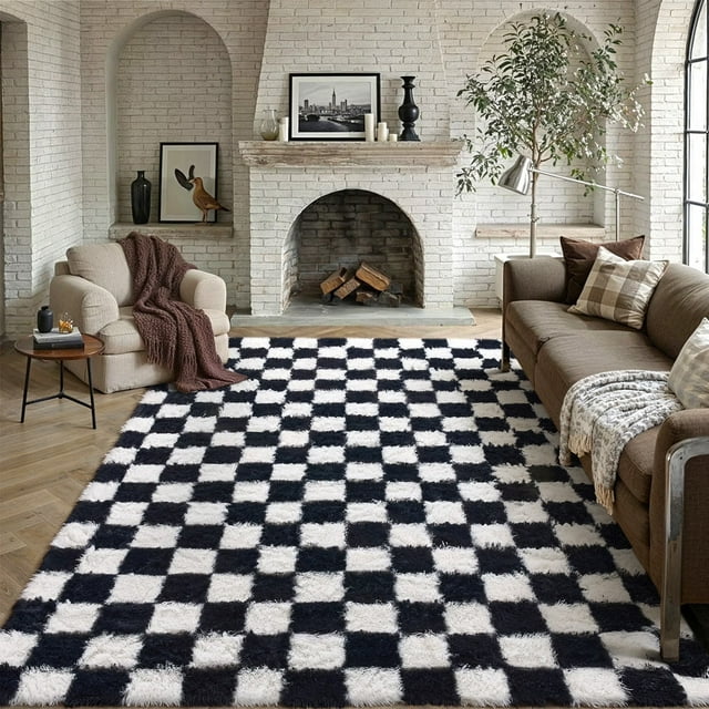 BERTHMEER 6'x9' Checkered Shag Area Rugs for Living Room Bedroom Geometric Plush Fluffy Modern Contemporary Indoor Rugs Fuzzy Carpets, Black White
