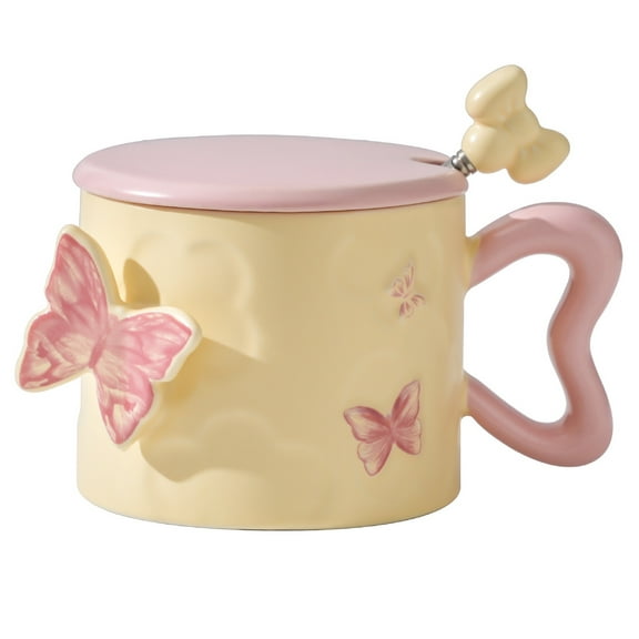 Ceramic Coffee Mug, Dingrich 13.5oz Cute Butterfly Tea Cup with Lid and Spoon, 3D Butterfly Drinking Cup for Home Office, Perfect for Christmas Birthday Wedding Mother's Day Gifts (Pink)