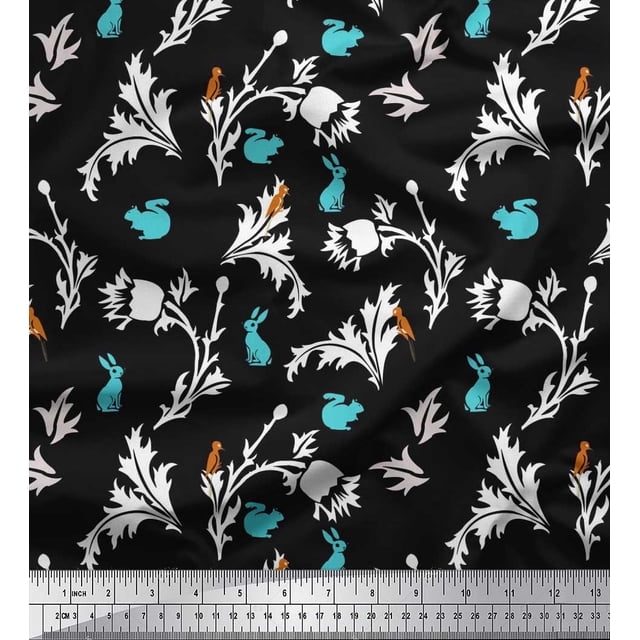 Soimoi polyester Crepe Fabric Leaves,Floral & Rabbit Animal Print Sewing Fabric Yard 52 Inch Wide