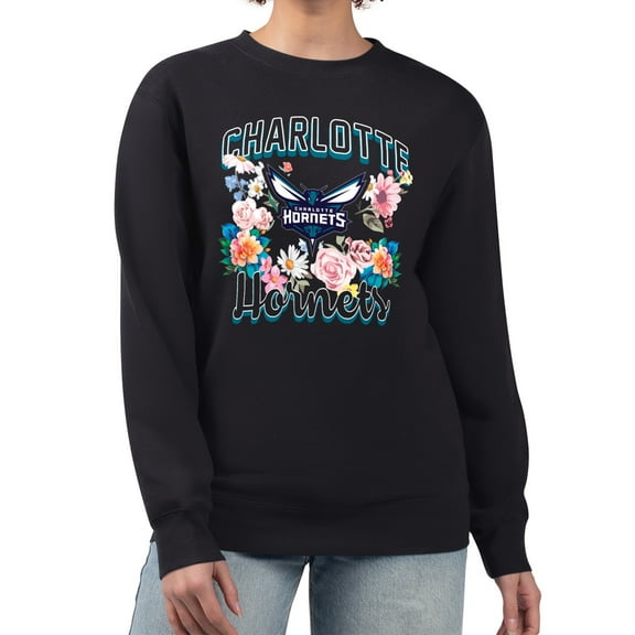 Women's G-III 4Her by Carl Banks Black Charlotte Hornets Flowers Team Logo Graphic Fleece Crewneck Pullover Sweatshirt