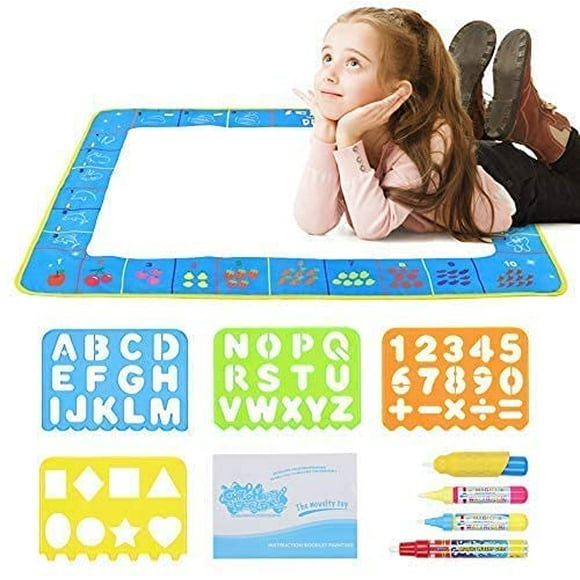 Learning Doodle Mat, Cartoon Doodle Graffiti Writing Water Drawing Mat Series Baby Kids Safe Play Mat Drawing Cloth with Water Magic Paintbrush 4Pcs Plastic Templates 3Pcs Drawing Pens 1Pcs Brush Pen