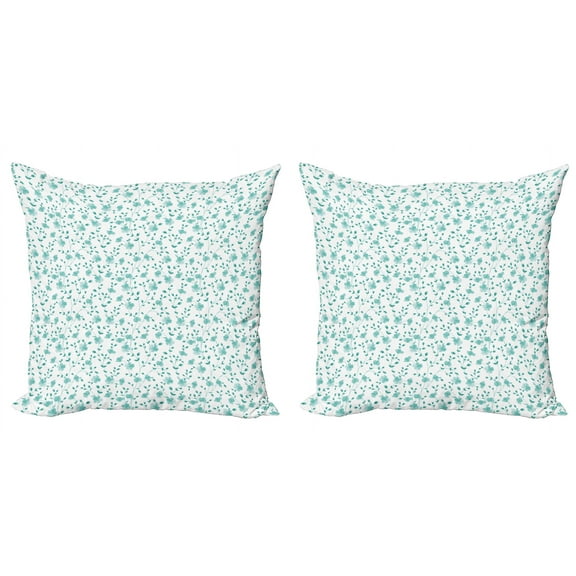 Ambesonne Spring Throw Pillow Cover 2 Pack, Pattern with Flower Stem, 16", Pale Blue Teal White