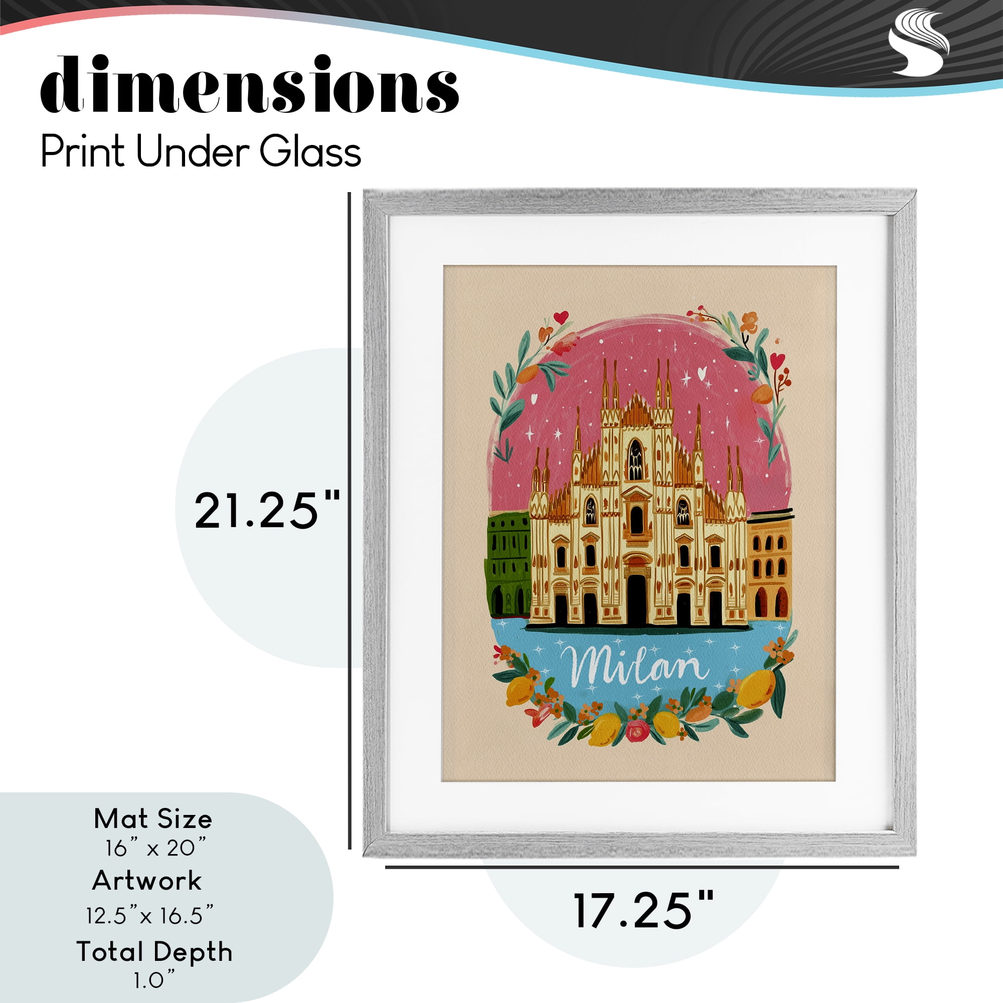 Floral Bordered Milan Gray Framed Print Under Glass, design by Yen