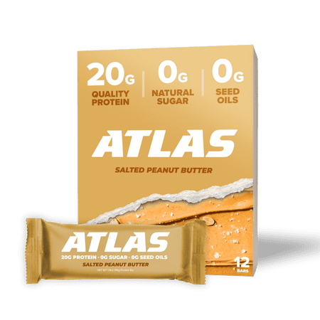 Atlas Protein Bar, Salted Peanut Butter, 20g Protein, 1g Sugar, 0g Seed Oils, 0g Artificial Sweeteners, 12-Pack