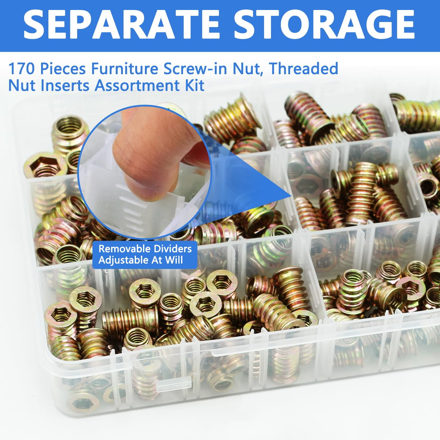 170 PCS Threaded Inserts Nuts, 10 Sizes-1/4-20, 5/16"-18, 3/8"-16 Wood Inserts Assortment Kit, Steel Threaded Inserts for Wood Furniture Screw Threaded Inserts Kit with 3 PCS Hex Wrench