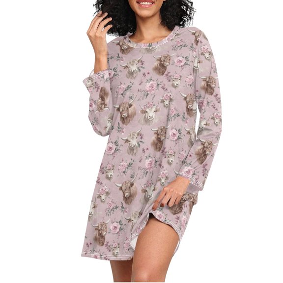 joogoo Highland Cattle Roses Women's Long Sleeve Nightgown Sleepwear L