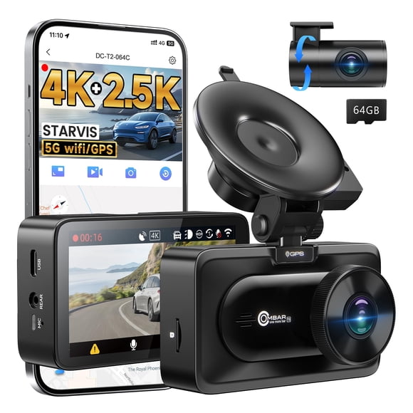 OMBAR Dash Cam Front and Rear, 4K/2.5K Ultra HD Dash Camera for Cars, Included 64GB Card, Built-in 5G Wi-Fi & GPS, 3.16” IPS