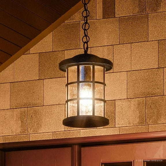 Urban Ambiance Luxury Craftsman Outdoor Pendant Light, Medium Size: 15.5"H x 10"W, with Tudor Style Elements, Wrought Iron Design, Natural Black Finish and Seeded Glass, UQL1048