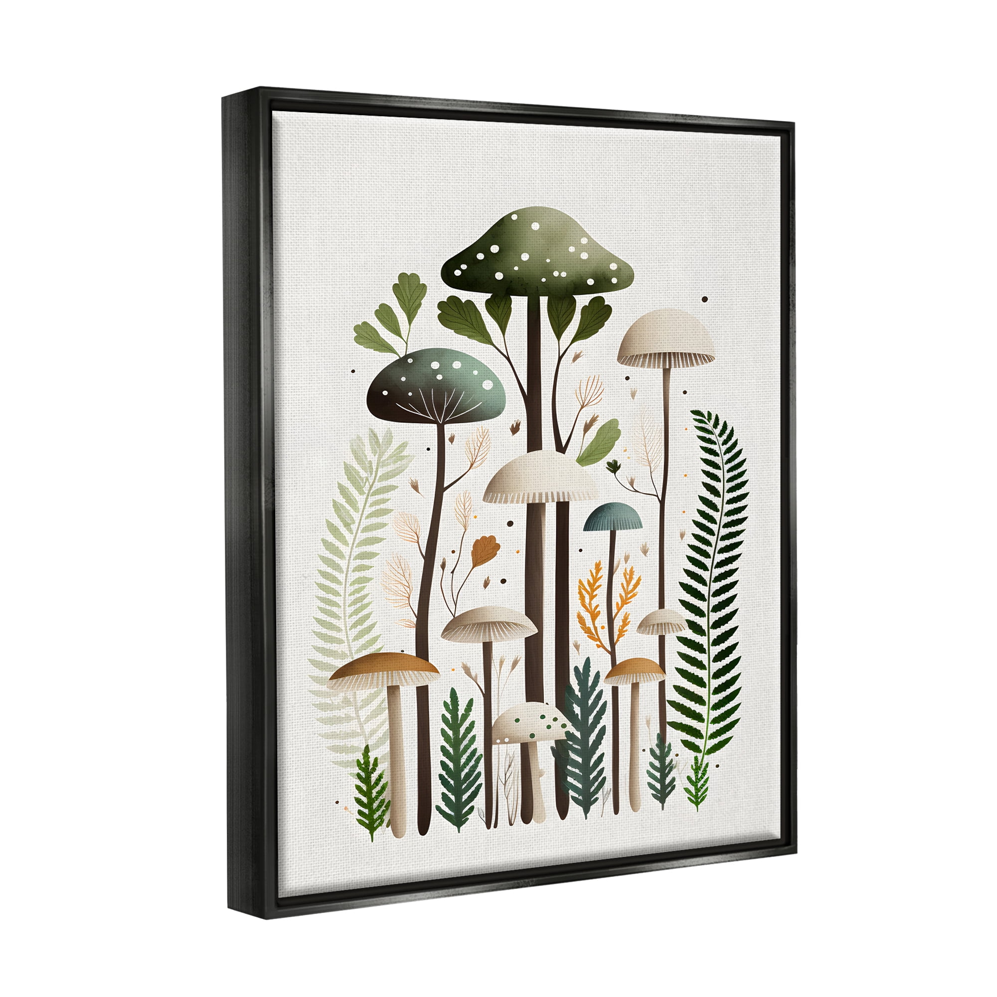 Stupell Industries Whimsical Green Mushrooms Botanical & Floral Painting Black Floater Framed Canvas Art Print Wall Art, 25 x 31