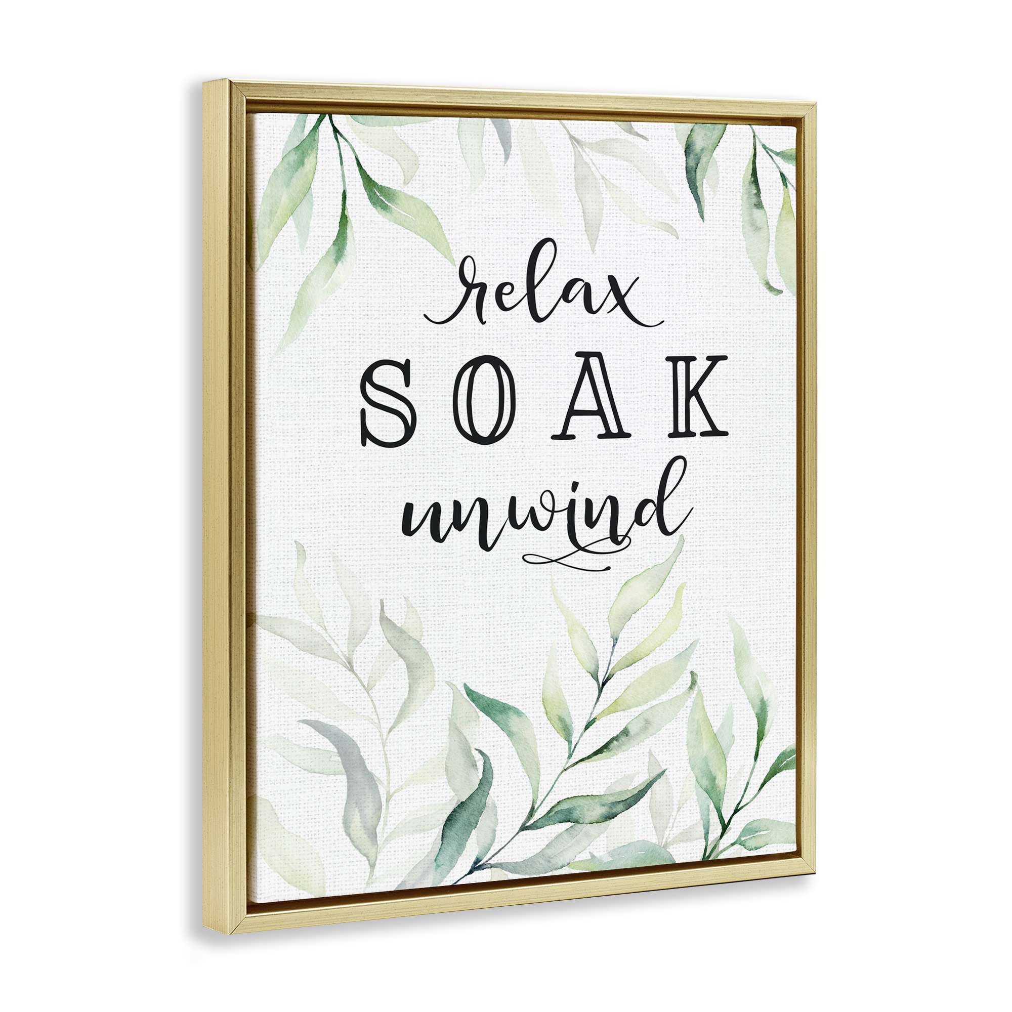 Soak & Unwind with Leaves Gold Framed Floater Canvas Wall Art, design by Lettered and Lined
