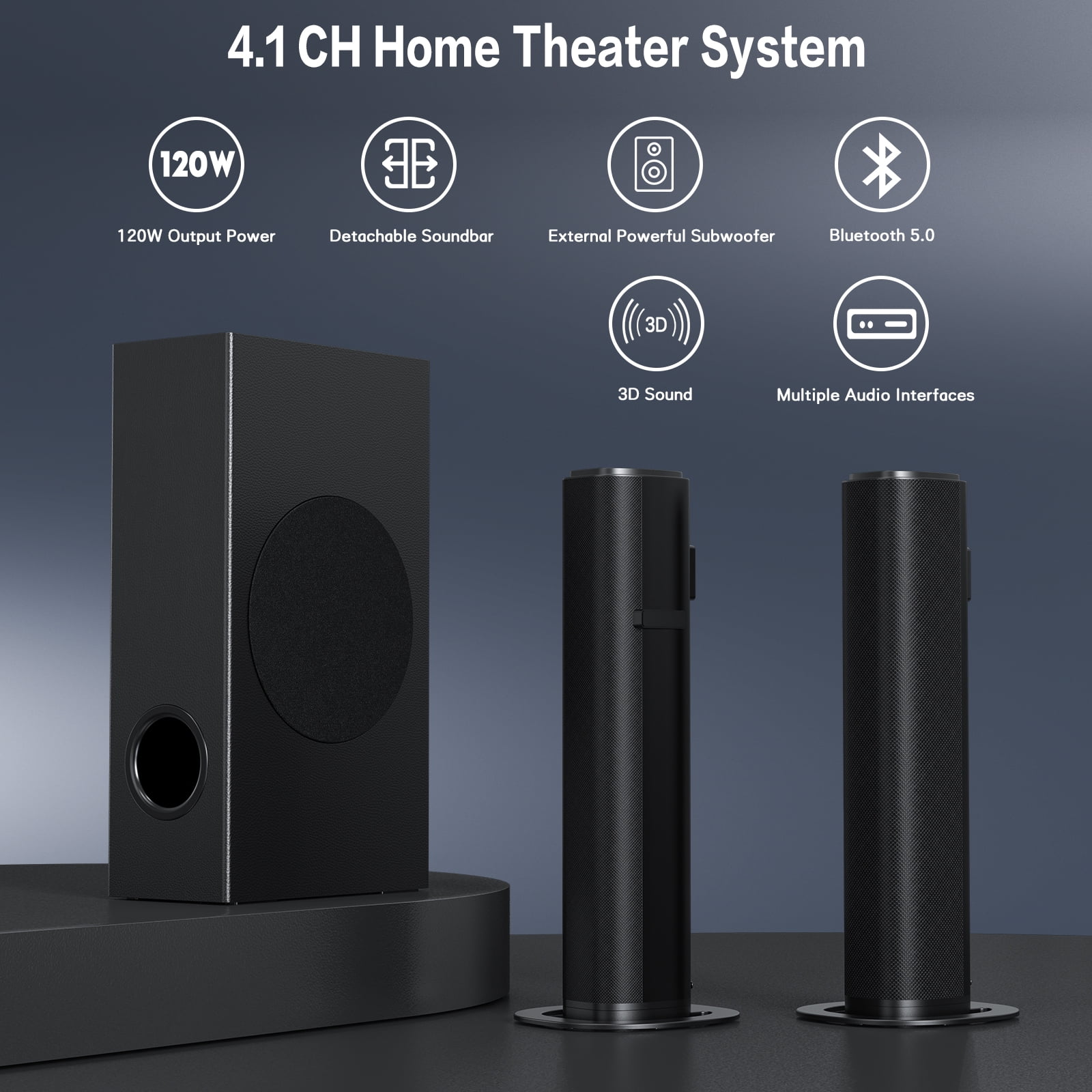 TOPVISION 4.1ch Sound Bar with Subwoofer, 120W Separable Sound Bar for TV, 2-in-1 Detachable Sound Bar with USB/AUX/Coaxial/Optical/HDMI/Bluetooth