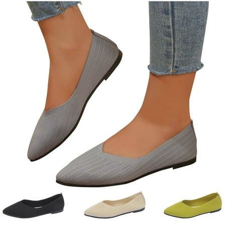 Miluxas Womens Round Toe Flats Clearance Comfort Knit Flats Slip-on Breathable Flat Shoe Soft Casual Ballet Shoes Elegant Flats Gray 9.5(43)
