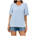 thumbnail image 2 of Womens T Shirts V Neck Summer Solid Color Short Sleeve Loose Casual Tunic Tops Shirts Blouses, 2 of 7