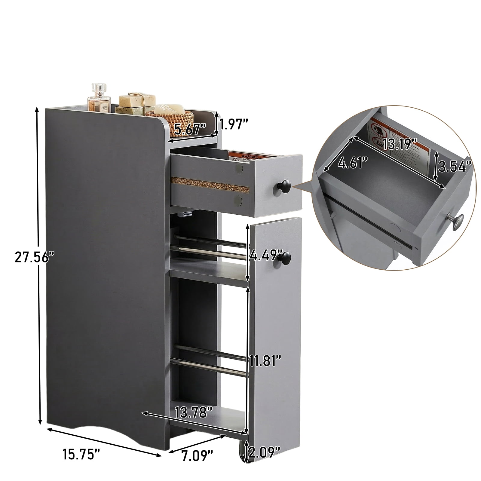 Slim Bathroom Tall Cabinet 18cm Width with 2 Drawers, Pull-Out Wheeled Rack & Guarded Bottom Shelf Moisture-Resistant Melamine for Toilet Sink Washing Machine Narrow Spaces