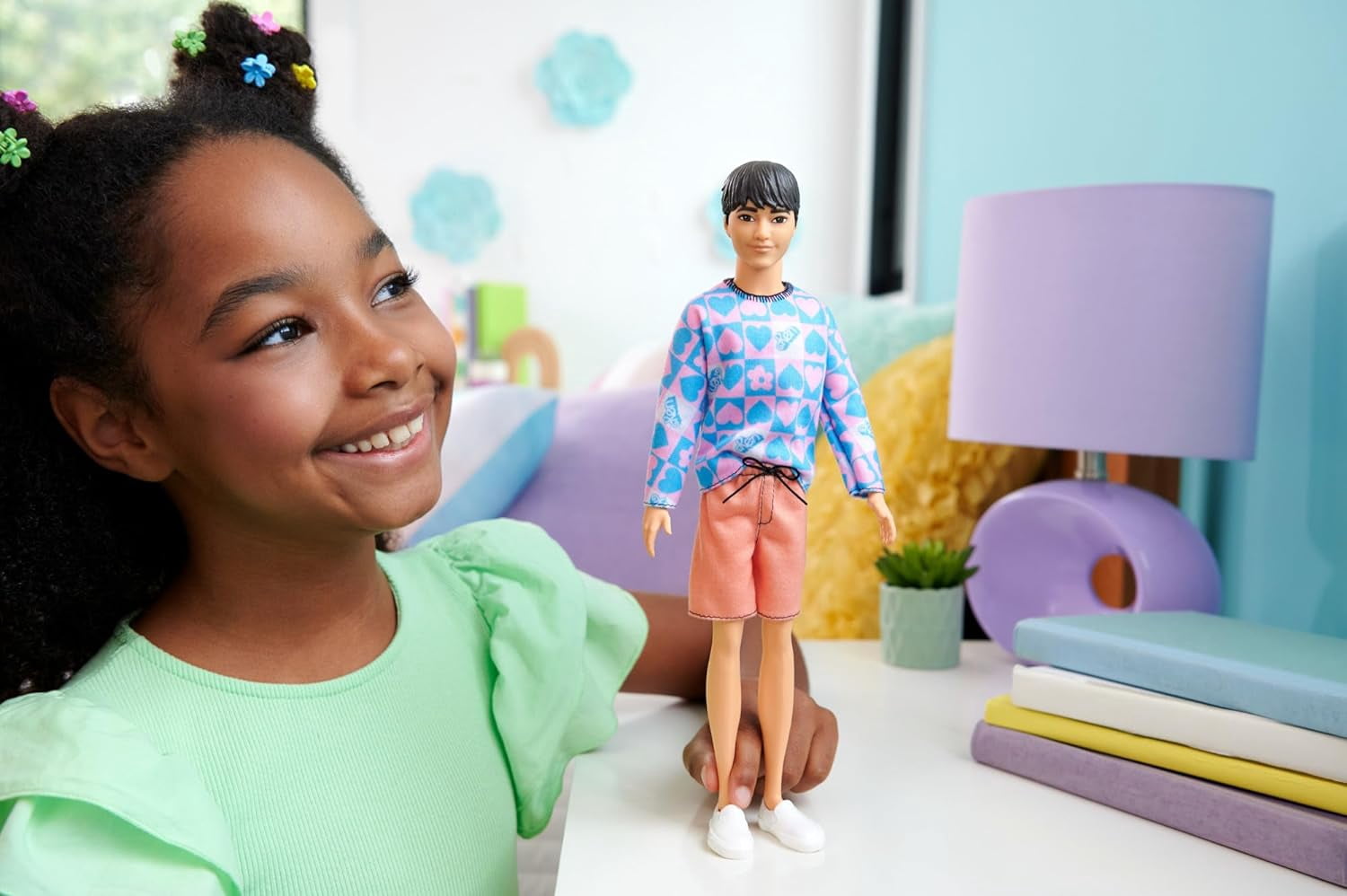 Barbie Fashionistas Ken Doll #219 with Slender Body Wearing a Removable Long-Sleeve Pink & Blue Patterned Shirt with Shorts