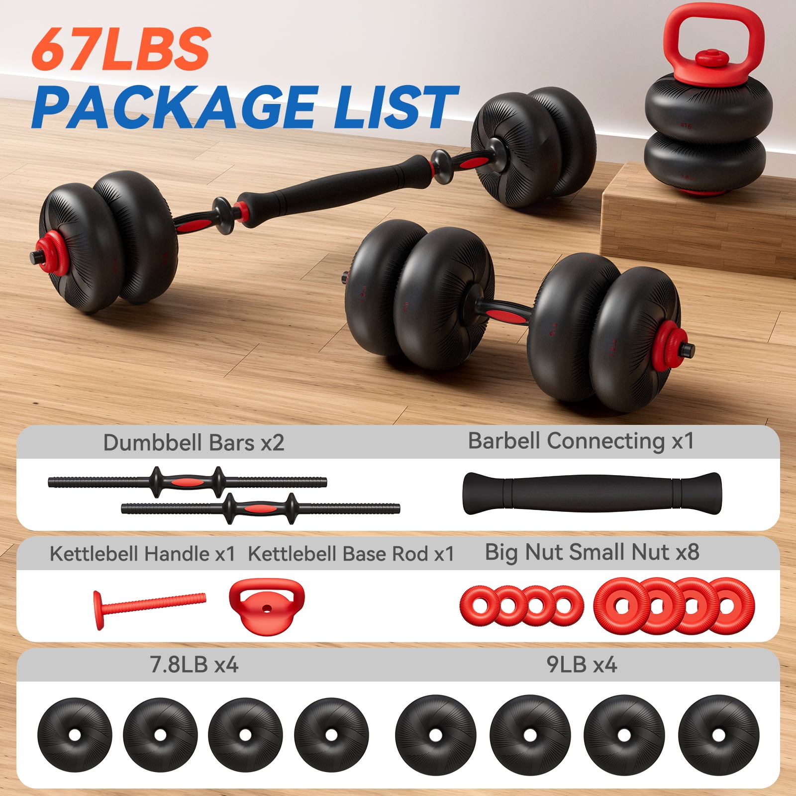 TLGREEN Adjustable Dumbbell Set, 45lbs/67lbs Free Weight Set, 4-in-1 Used as Barbell, Dumbbells, Kettlebell, Weight Plates, Soft Rubber Coated, Space Saving Fitness Exercise for Men/Women