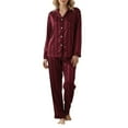 thumbnail image 4 of Wang6 Satin Pajamas for Women Sets Soft Silk Pjs Lounge Set 2 Piece Long Sleeve Button down V Neck Shirts Wide Leg Pants Loose Stripe Printed Sleepwear Nightwear Sets Red S, 4 of 7