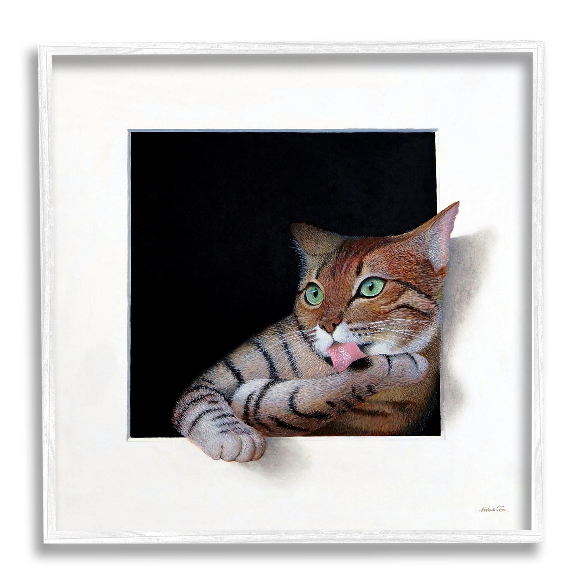 Stupell Industries Manx Cat Grooming Green Eyes Optical Illusion Painting White Framed Art Print Wall Art, Design by Alan Weston