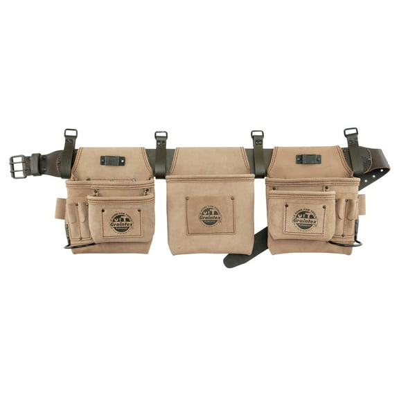 Graintex DT2545 14 Pocket Framers Tool Belt Beige Top Grain Leather with 2.3/4” Leather Belt for Constructors, Electricians, Plumbers, Handymen