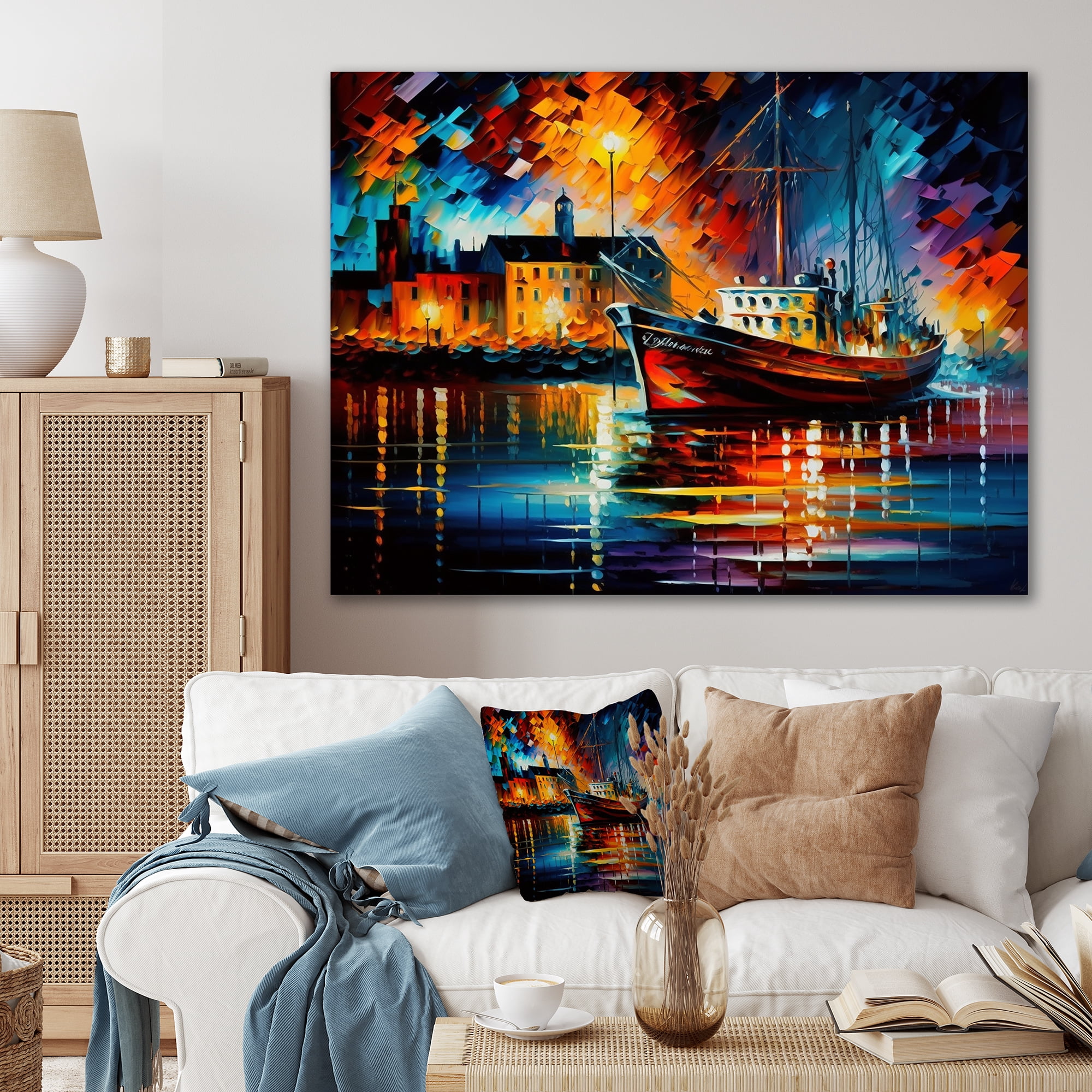 Designart Colorful Port With Fishing Boat II Canvas Wall Art