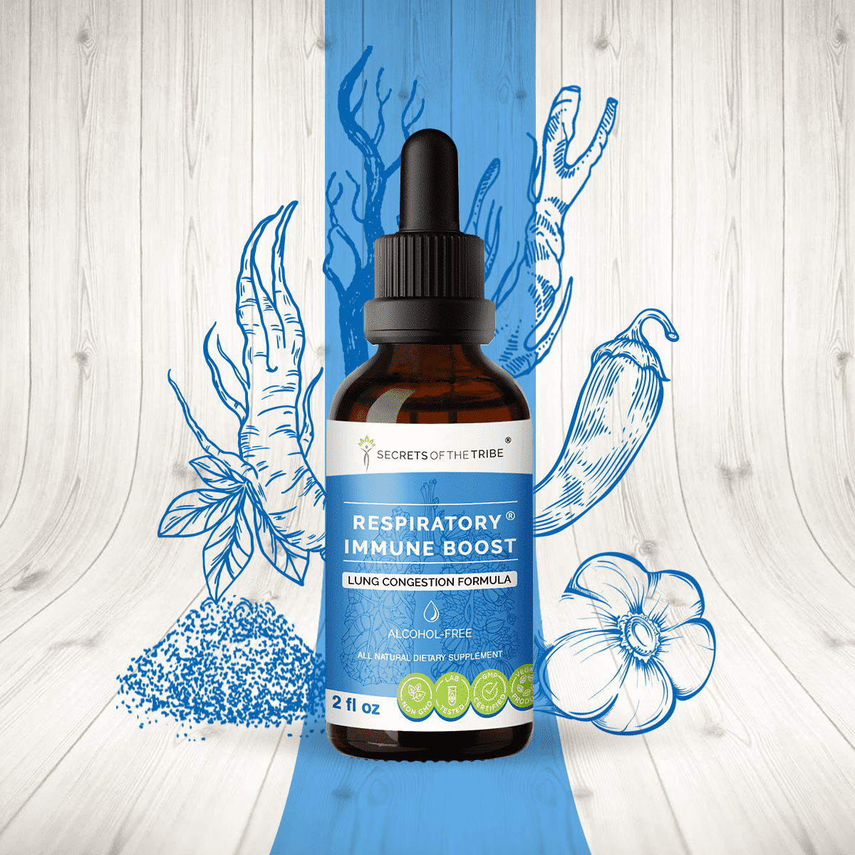 Secrets Of The Tribe Respiratory Immune Boost Blend Tincture Dietary Supplement, Natural Extract, Made from Echinacea, Garlic, Umckaloabo, Cayenne, Astragalus, Eleuthero Siberian Ginseng 2 oz