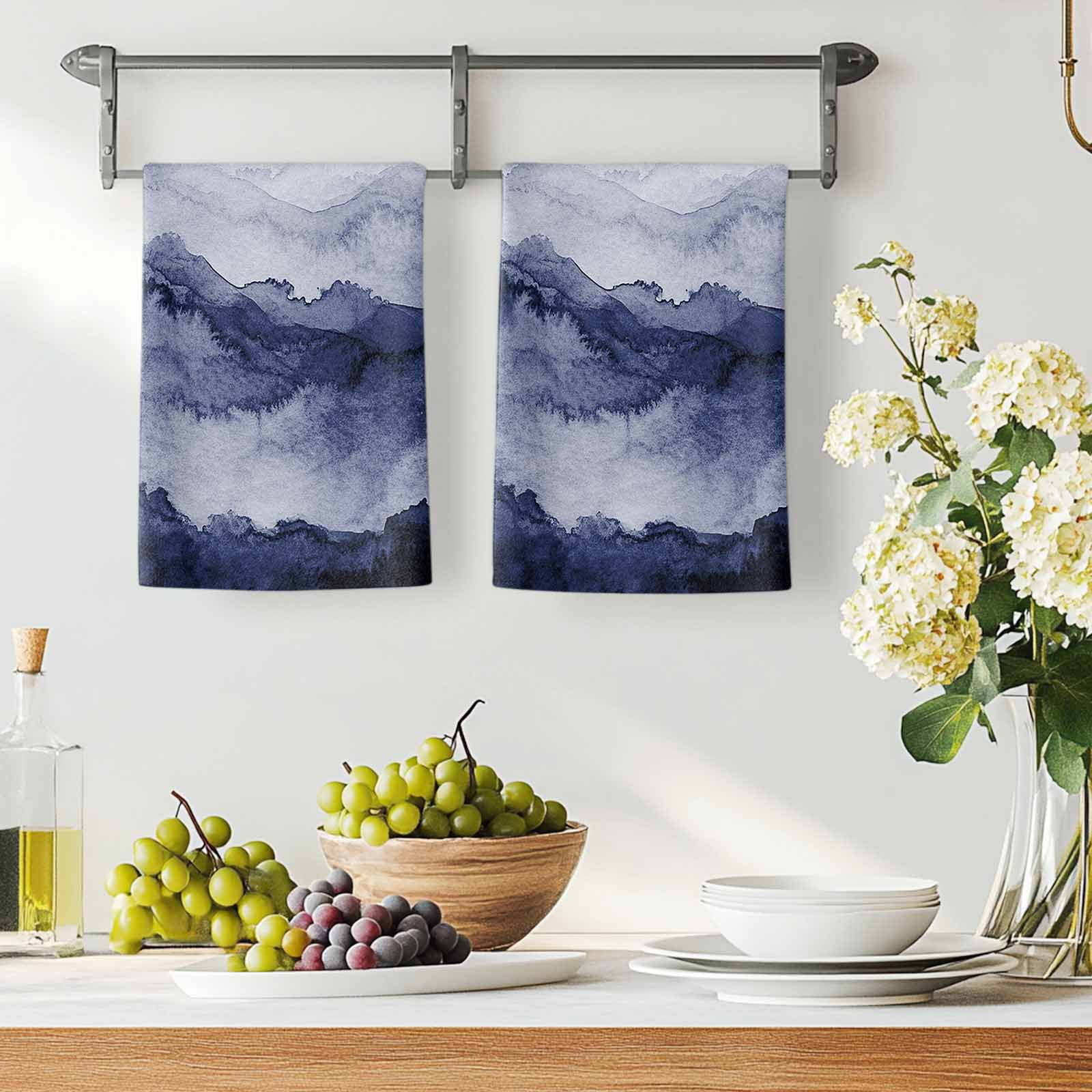 Dish Towels, Navy Blue Mountain Absorbent Kitchen Towels 2 PCS, Ombre Abstract Natural Microfiber Hand Towels Dish Cloths Tea Towels for Home&nbsp;Bathroom Cleaning Drying,18X28-Inch,