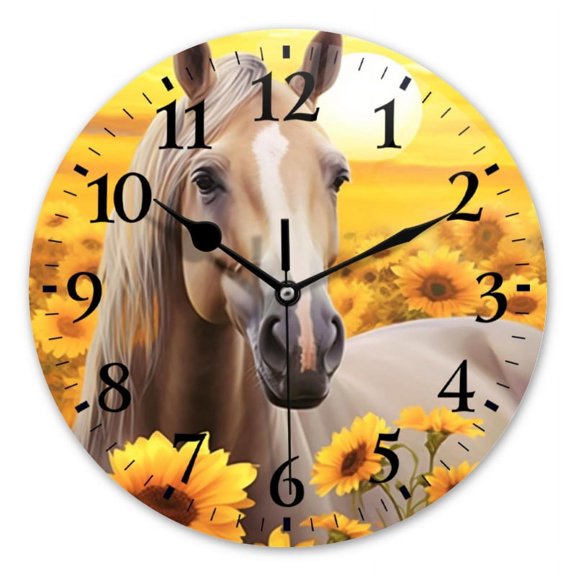 Non-Ticking Silent Wall Clocks Battery Operated Personalized Decor Clock for Bathroom,Office-Beautiful Horse In Sunflower Field(10inch)
