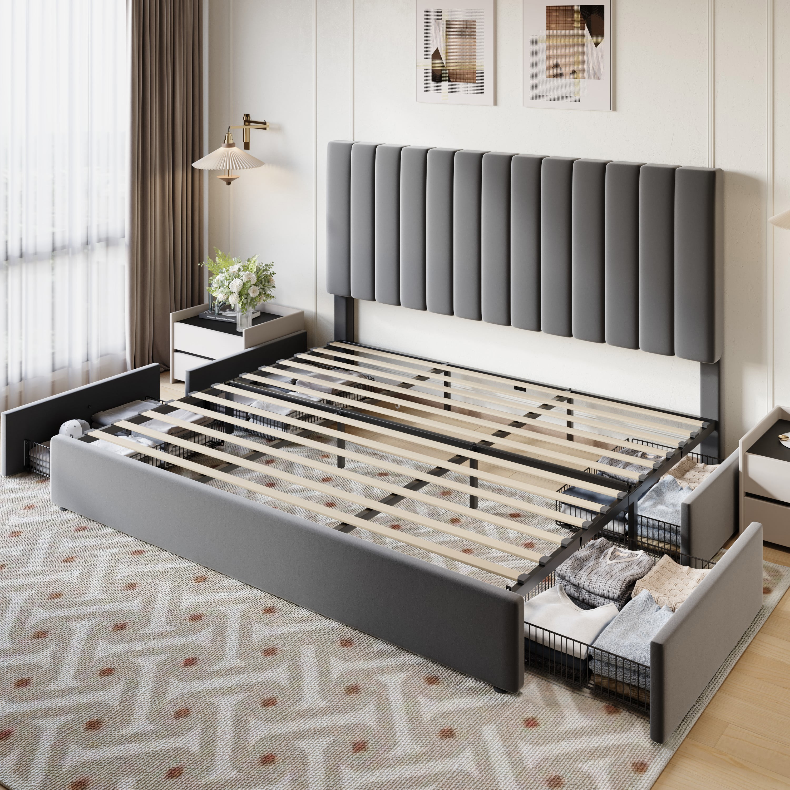 SHA CERLIN King Size Platform Bed Frame with 4 Storage Drawers, Vertical Channel Tufted Adjustable Headboard, Velvet Upholstered, Wooden Slats Support, No Box Spring Needed, Gray