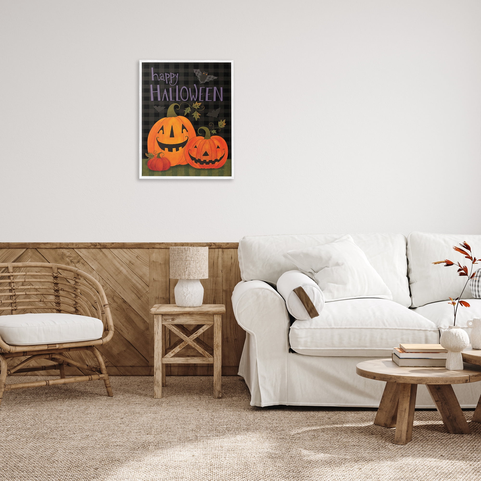 Stupell Industries Pumpkins & Bat on Plaid Holiday Painting White Framed Art Print Wall Art, 24 x 30